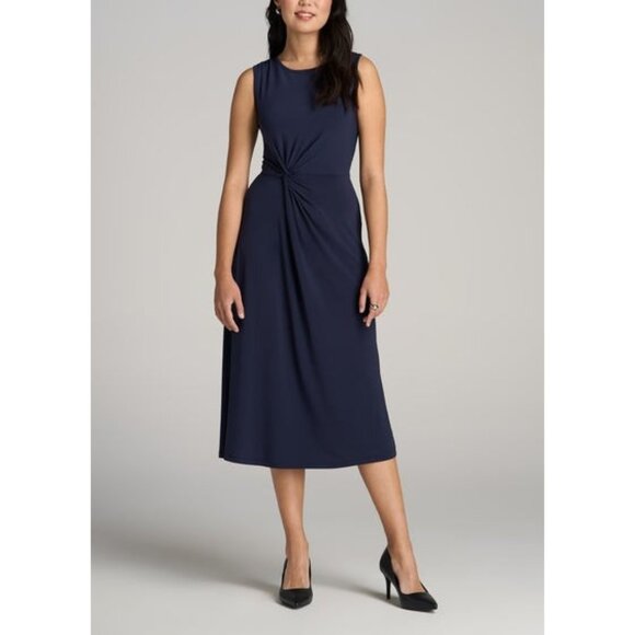 NEW AMERICAN TALL dress sleeveless knot front midi knit career navy blue MXT - Picture 1 of 10